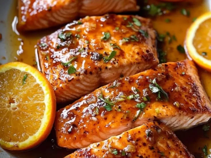 Crispy honey-orange glazed salmon served on a plate with garnishes.