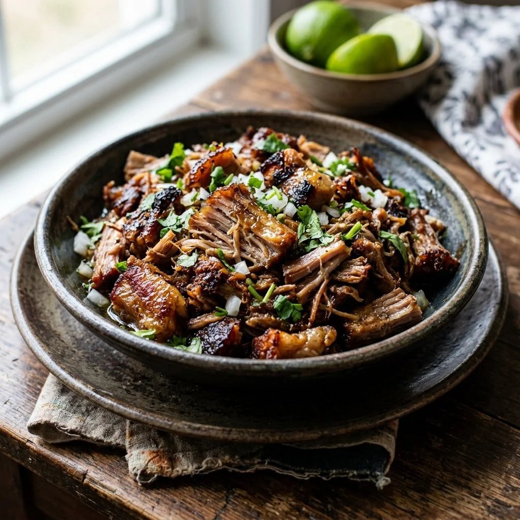 Plate of crispy pork carnitas garnished with cilantro and lime