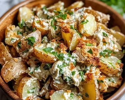 Crispy smashed potato salad served in a bowl with fresh herbs