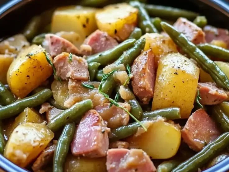 Crockpot ham with green beans and potatoes in a slow cooker dish