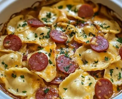 Crockpot Pierogi Casserole with Kielbasa in a serving dish
