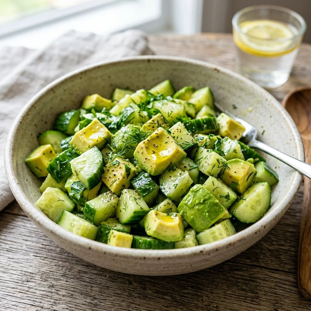 Fresh Cucumber Avocado Salad served in a bowl, featuring vibrant greens and healthy ingredients.