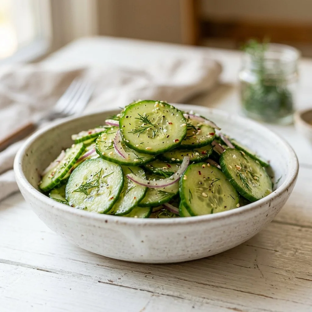 Fresh cucumber salad ingredients including cucumbers, tomatoes, and herbs