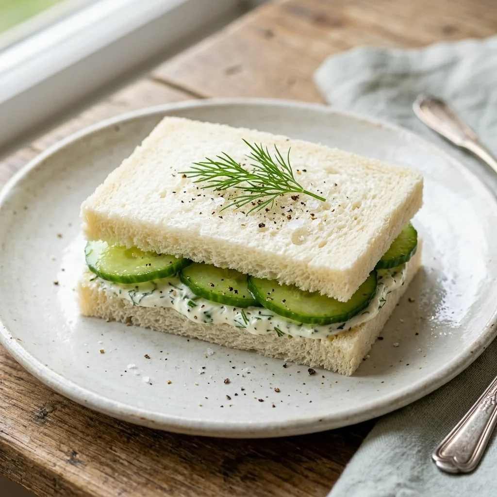 Platter of fresh cucumber sandwiches ready to serve at a tea party