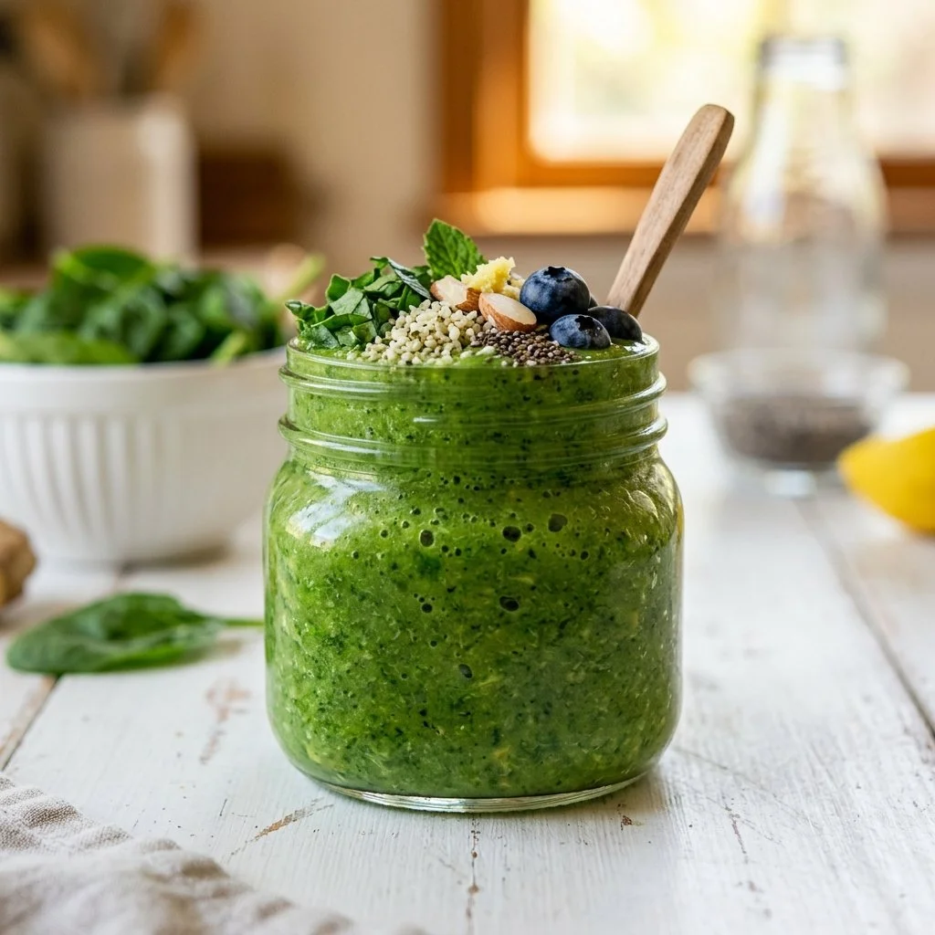 Delicious detox smoothie recipe with fresh fruits and greens