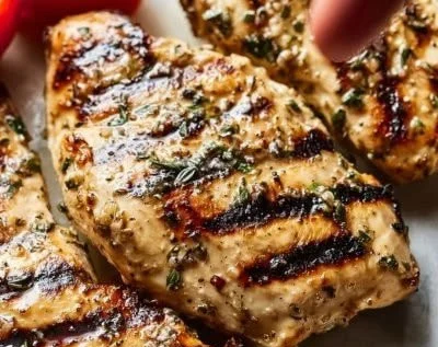 Delicious Greek marinated chicken served with fresh vegetables