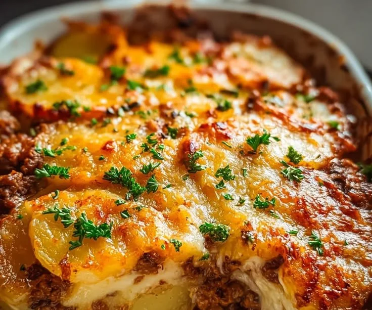Delicious Hobo Casserole with ground beef and potatoes in a baking dish