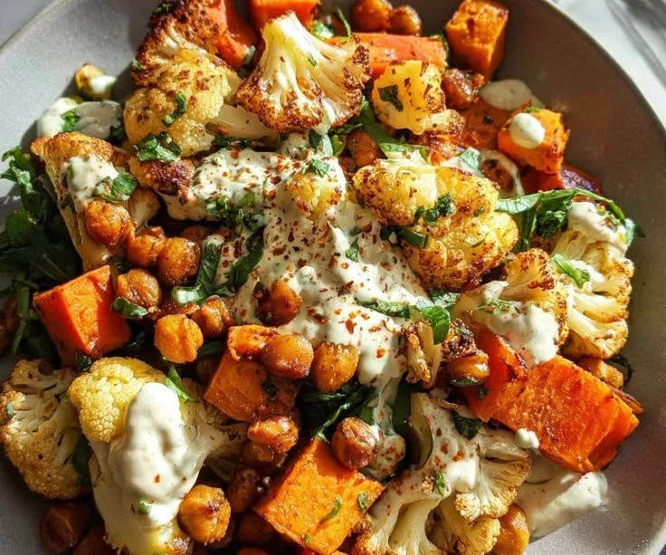 Delicious nourish bowl topped with tahini yogurt dressing and fresh ingredients.