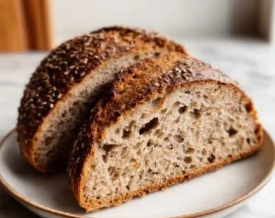 Slice of easy oat and chia seed bread on a wooden cutting board