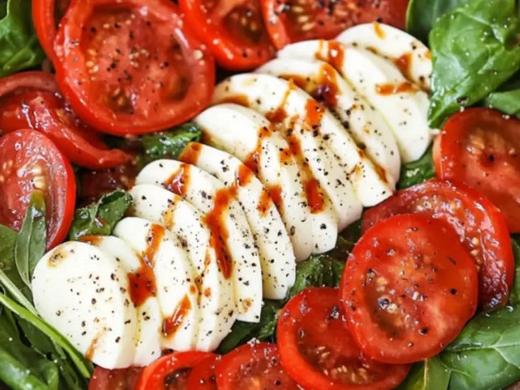 Fresh Spinach Caprese Salad with tomatoes and mozzarella on a plate