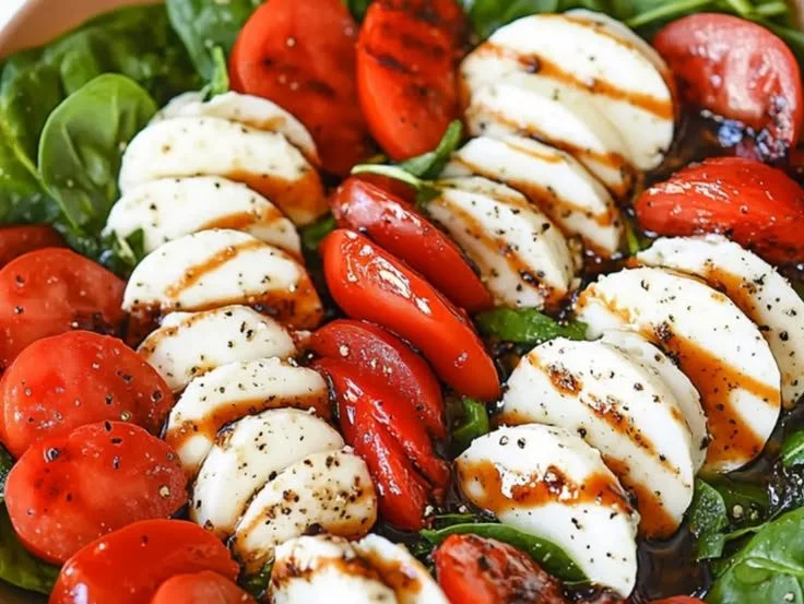 Easy Spinach Caprese Salad with fresh mozzarella, tomatoes, and spinach leaves
