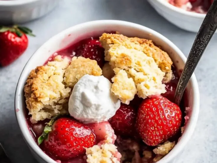 Delicious easy strawberry cobbler served in a baking dish.