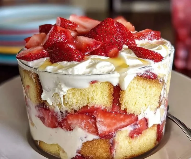 Delicious easy strawberry trifle layered with pound cake and fresh strawberries