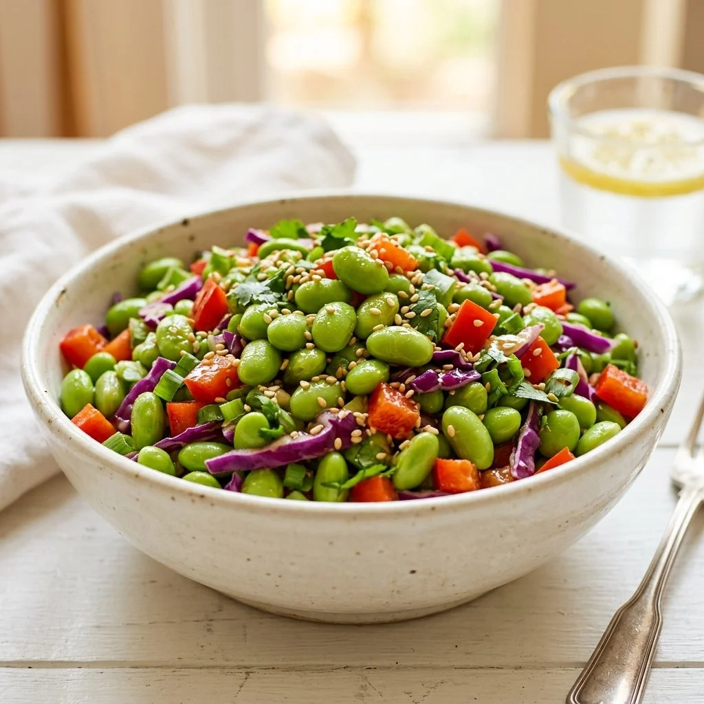 Bowl of colorful edamame salad with vegetables and dressing