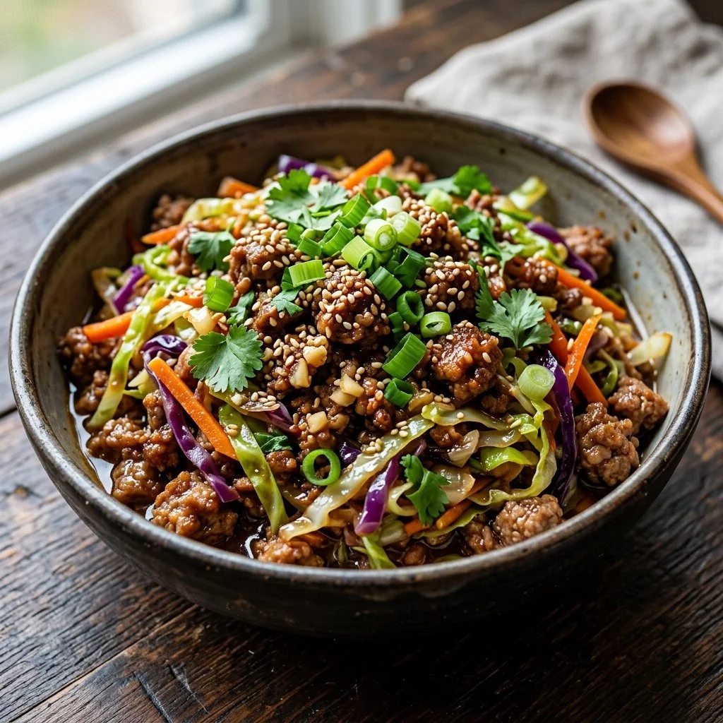 Healthy Egg Roll in a Bowl recipe with vegetables and spices.