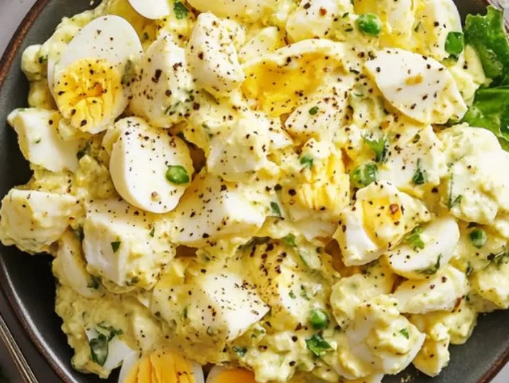 Delicious egg salad served in a bowl with fresh herbs and spices.
