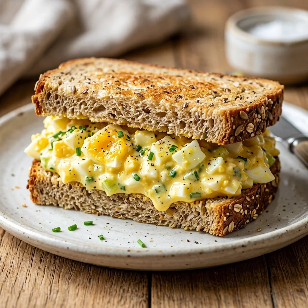 Delicious egg salad sandwich on a plate, garnished with fresh herbs.
