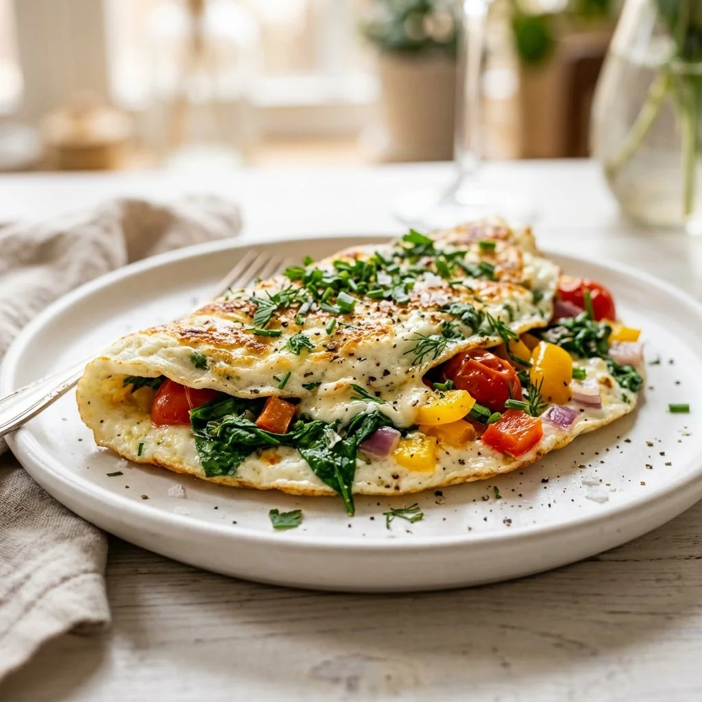Delicious egg white omelette with vegetables and herbs on a plate