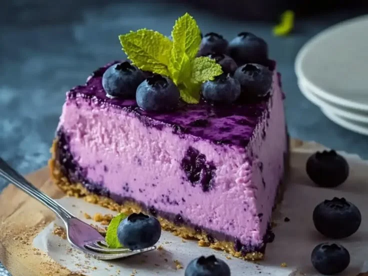 Delicious eggless blueberry cheesecake made with frozen berries