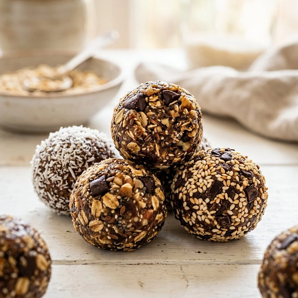 Delicious homemade energy balls recipe with nuts and dried fruits.