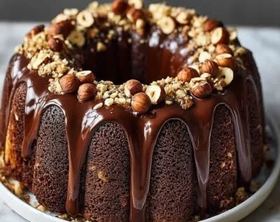 Delicious Espresso Hazelnut Bundt Cake with chocolate drizzle and hazelnut garnish.