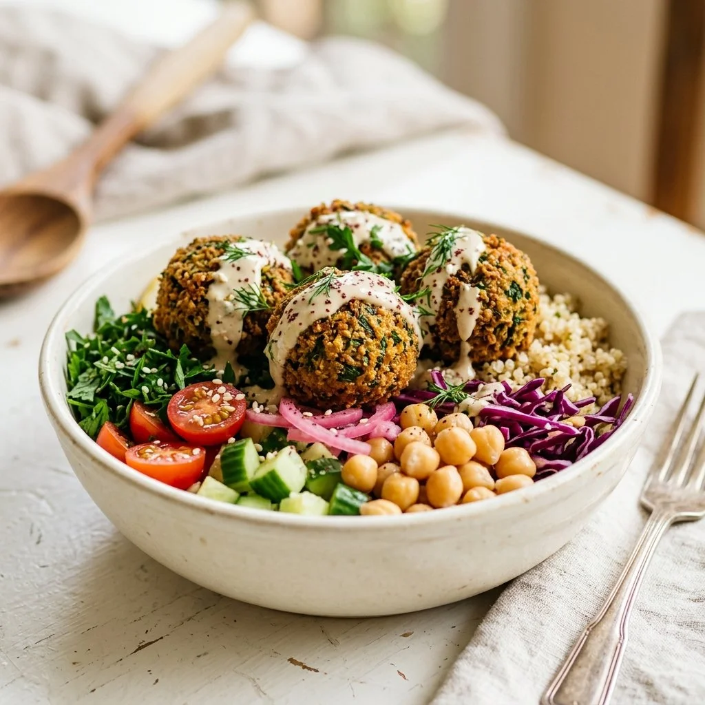Healthy falafel bowl recipe with fresh vegetables and tahini dressing