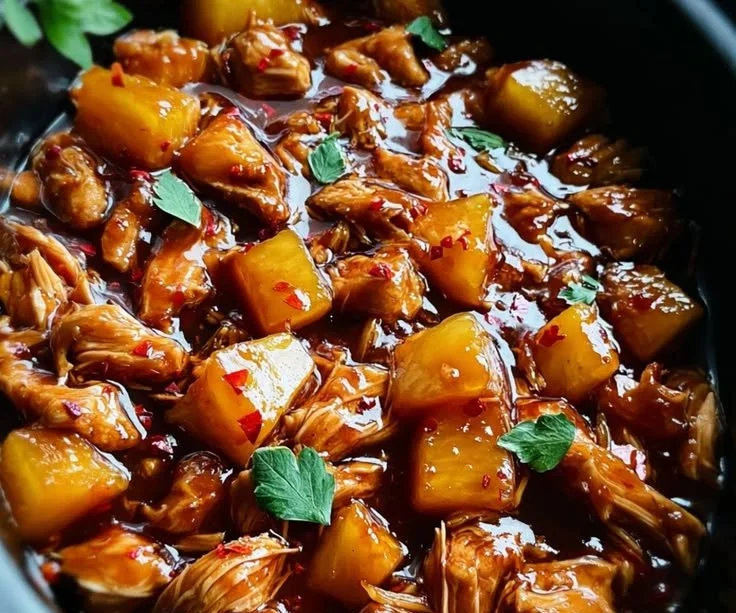 Delicious Sweet Hawaiian Chicken prepared in a healthy crockpot