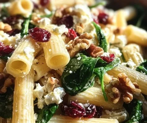 Feta and cranberry rigatoni salad with lemon vinaigrette in a bowl