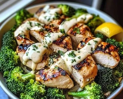 Delicious grilled chicken and broccoli bowls served in a vibrant dish.