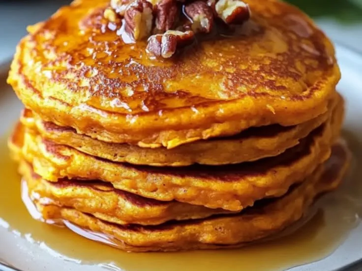 Delicious fluffy sweet potato pancakes topped with maple syrup and berries.