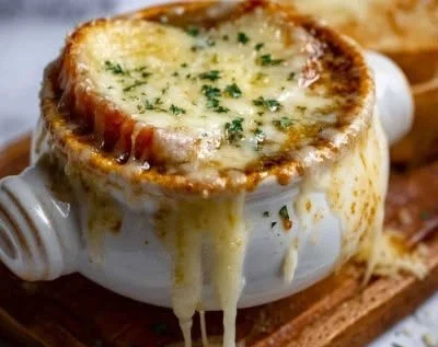 Delicious homemade French onion soup topped with melted cheese and fresh herbs