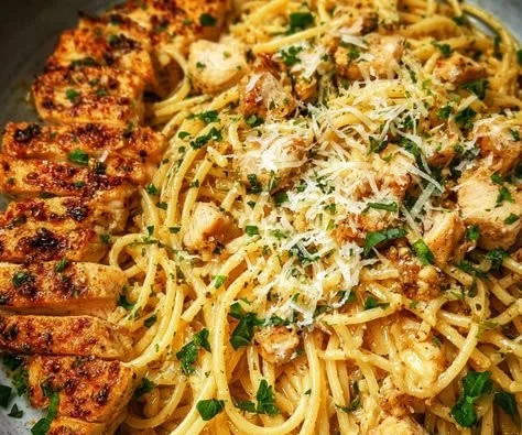 Plate of Garlic Butter Chicken Pasta with herbs and spices, perfect for a quick dinner