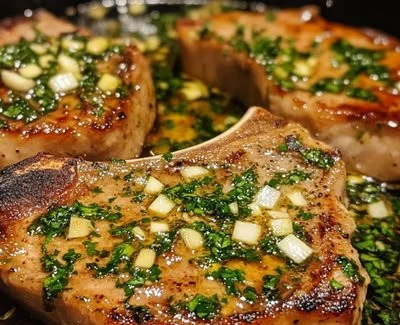 Delicious garlic butter pork chops served on a plate with herbs.