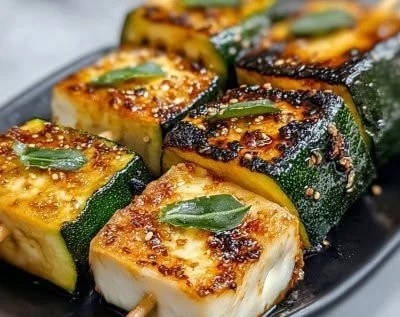 Garlic butter zucchini skewers ready for grilling
