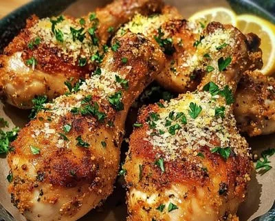 Garlic Parmesan Chicken Drumsticks garnished with herbs on a white plate