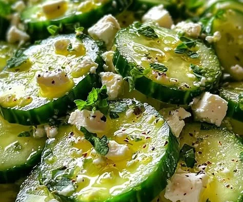 Fresh cucumber salad with feta cheese served in a bowl