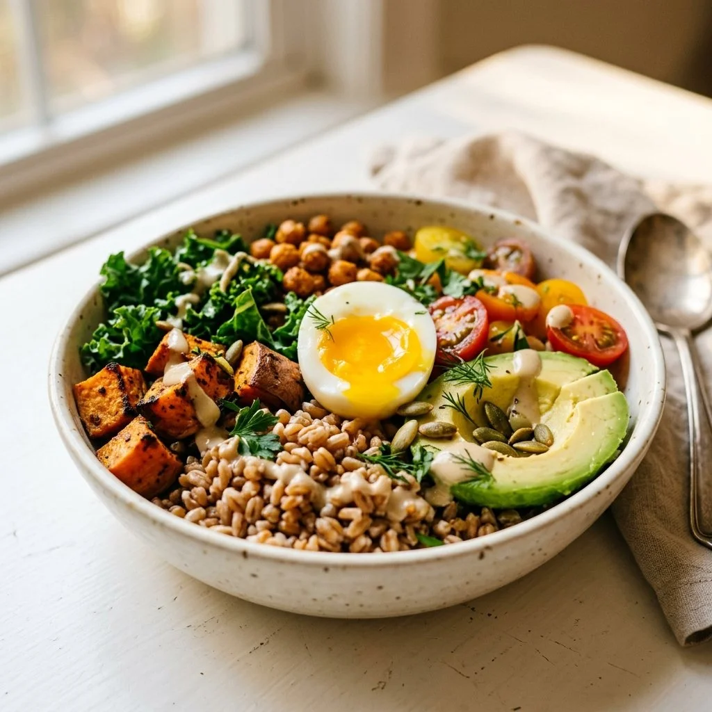 Colorful and nutritious grain bowl recipe with fresh vegetables and grains.