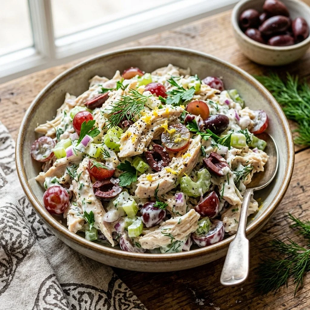Bowl of Greek yogurt chicken salad with fresh ingredients