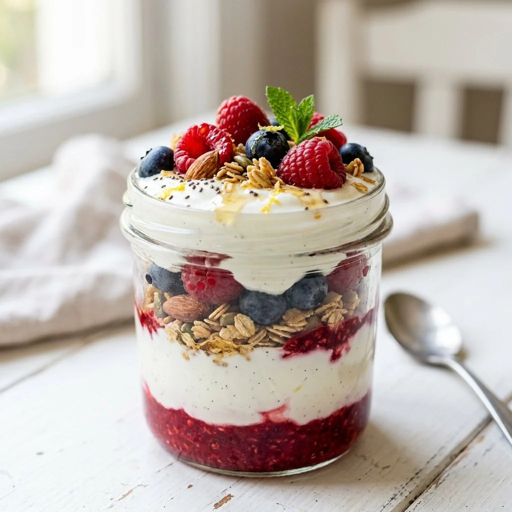 Delicious Greek yogurt parfait with fruits and granola in a glass