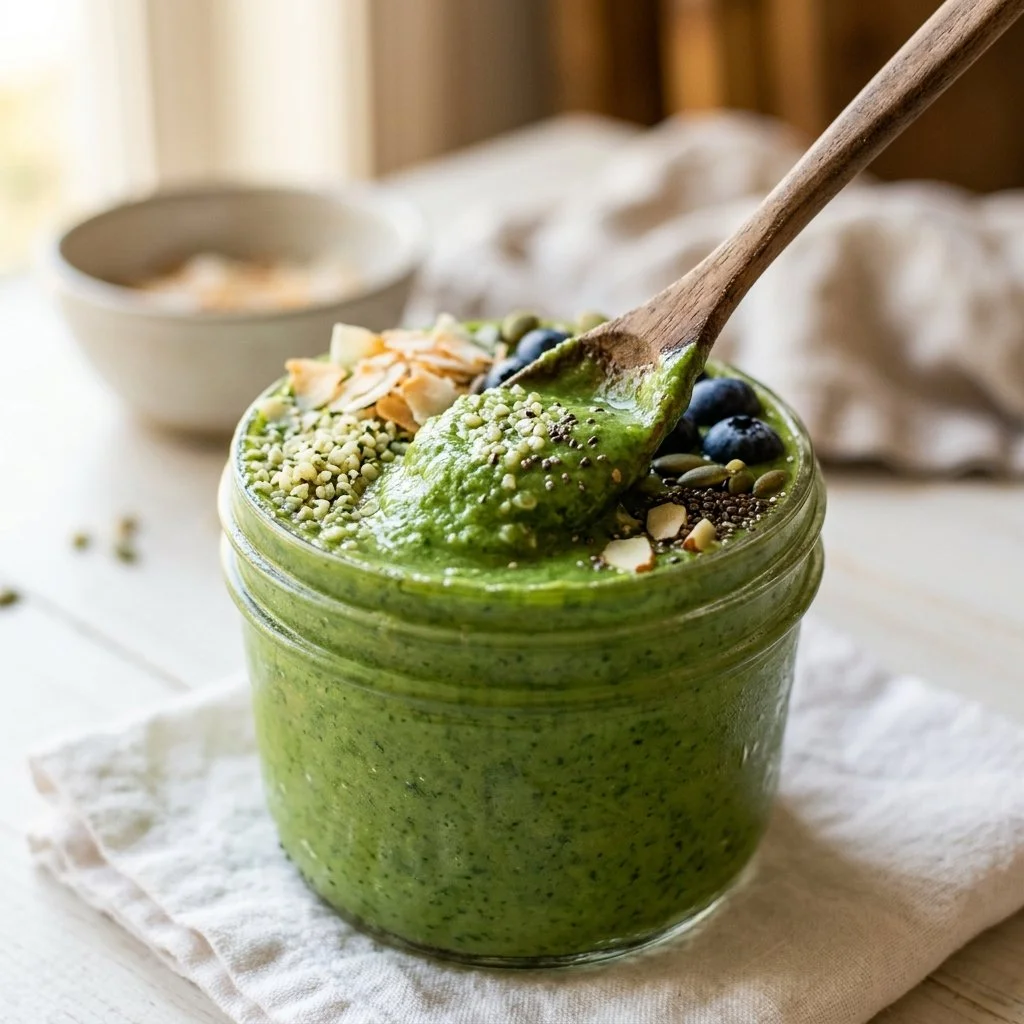 A vibrant green smoothie made with fresh spinach, banana, and almond milk