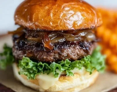 Grilled burgers with caramelized onions and balsamic mayo on a plate