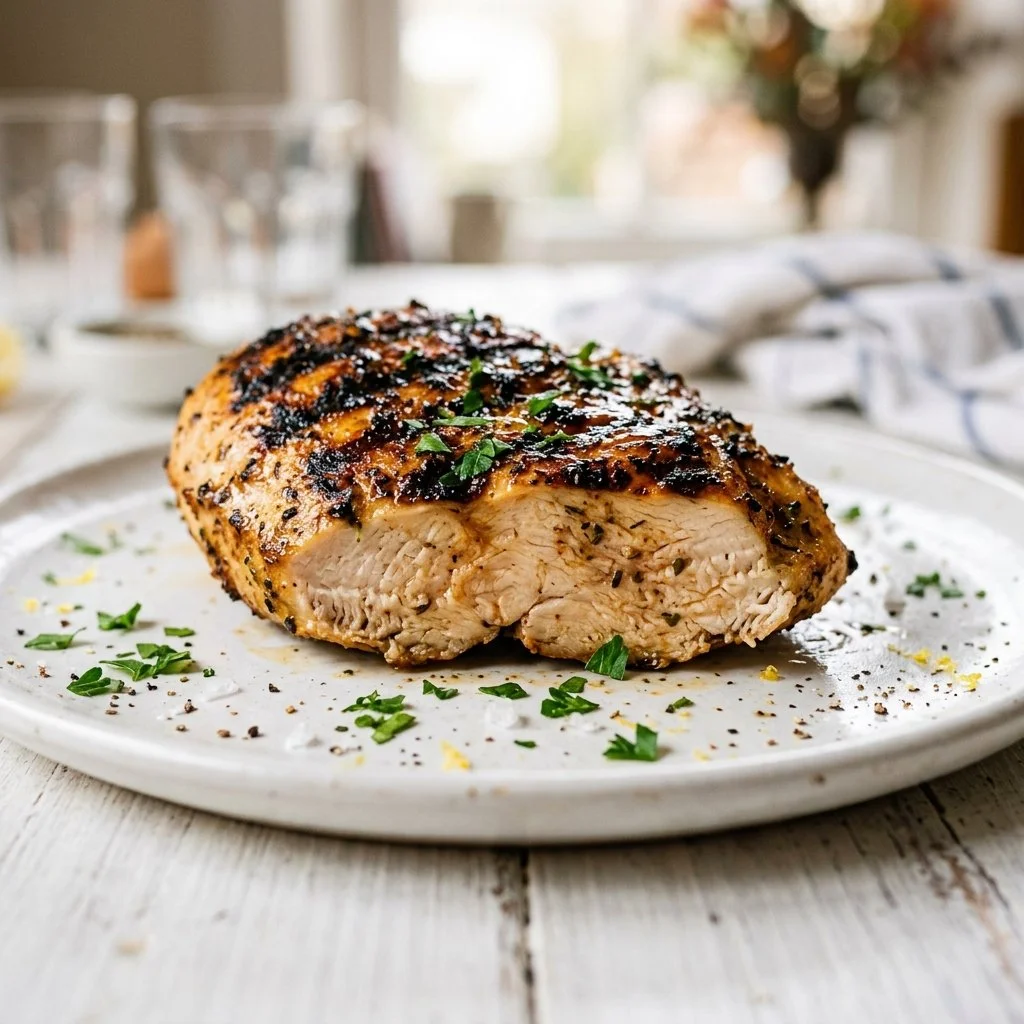 Grilled chicken breast served on a plate with herbs and spices