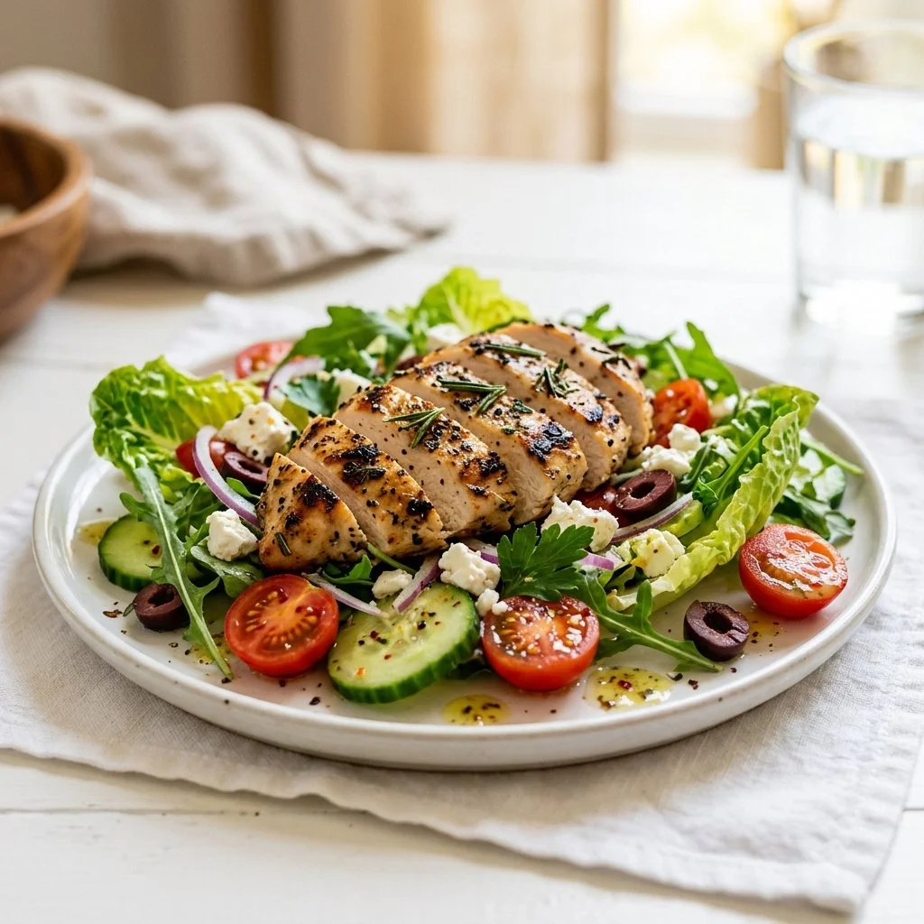 Delicious grilled chicken salad with fresh veggies and dressing