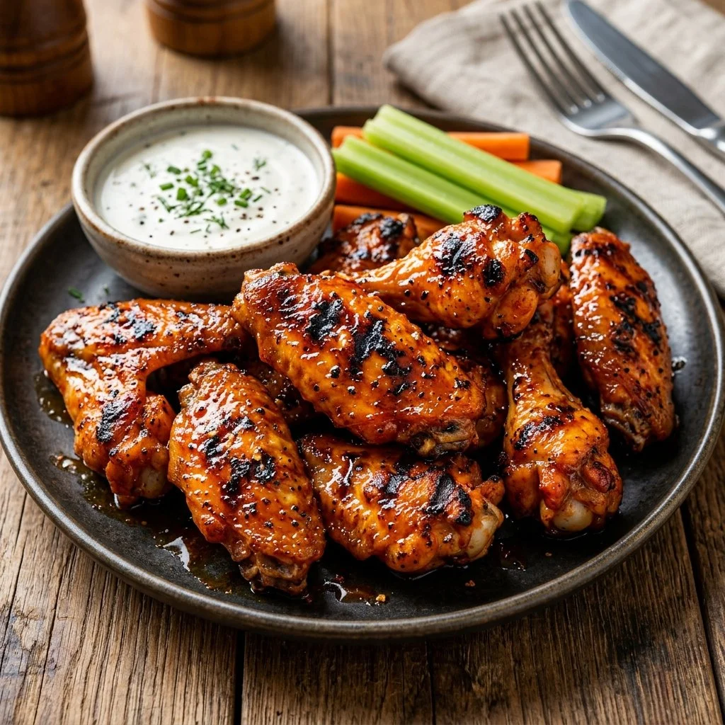 Plate of succulent grilled chicken wings with barbecue sauce and herbs