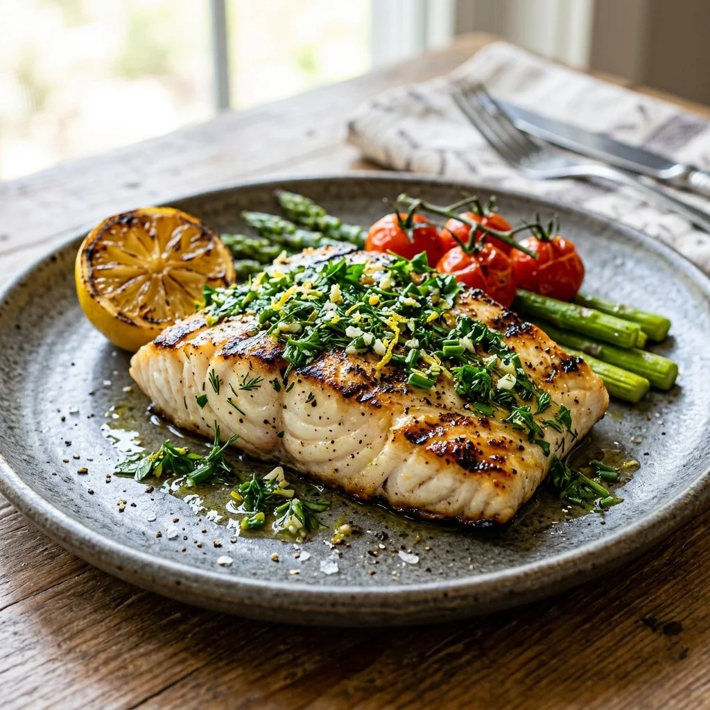 Delicious grilled halibut garnished with fresh herbs on a plate.