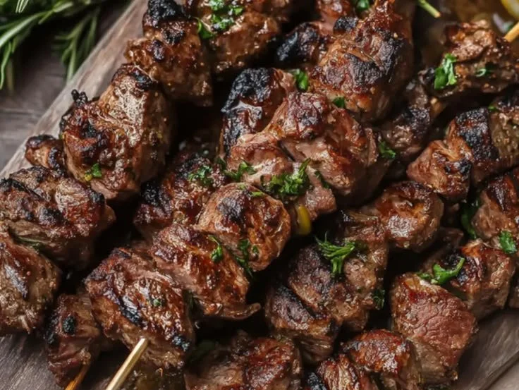 Grilled lamb skewers marinated with fresh herbs on a platter