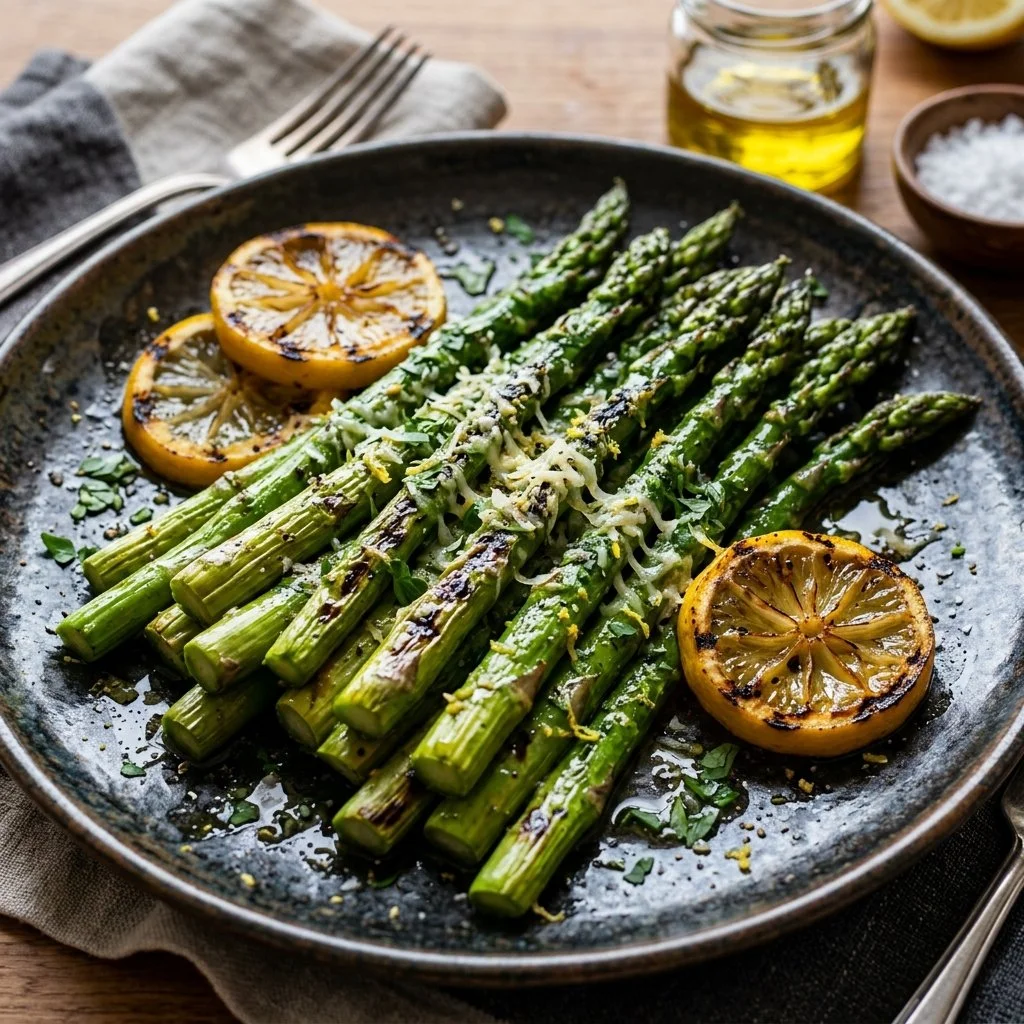 Grilled lemon asparagus garnished with fresh herbs on a plate