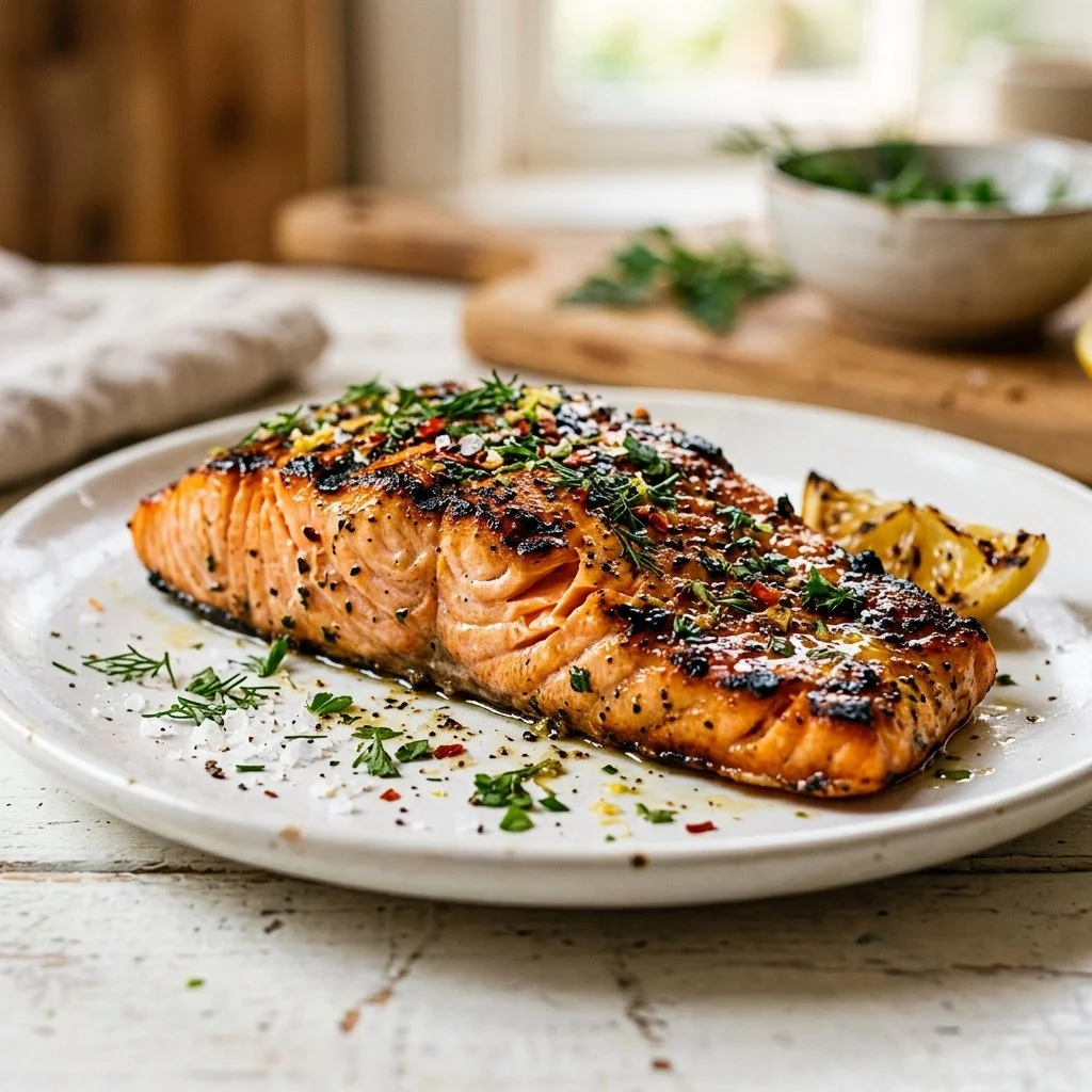 Grilled salmon served with vegetables on a plate