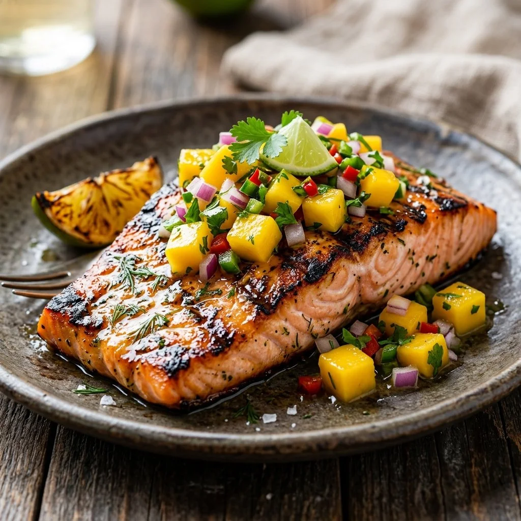 Grilled salmon fillet topped with vibrant mango salsa on a white plate