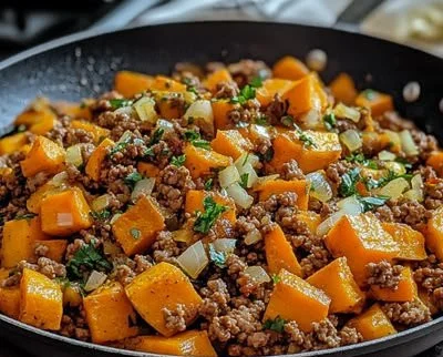 Ground Turkey Sweet Potato Skillet prepared and served in a skillet